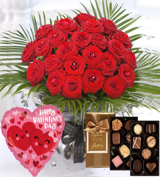 24 Luxury Red Roses & Chocs & Balloon  