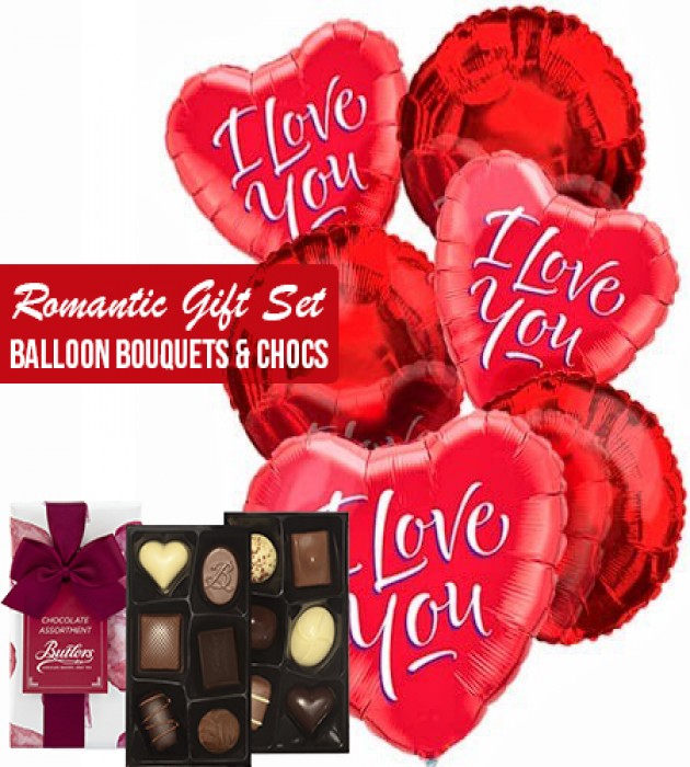 Romantic gift set red balloons bouquets and chocs
