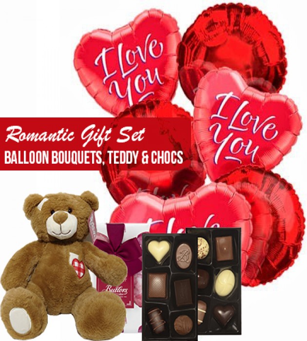Romantic gift set balloons bouquets teddy and chocs
