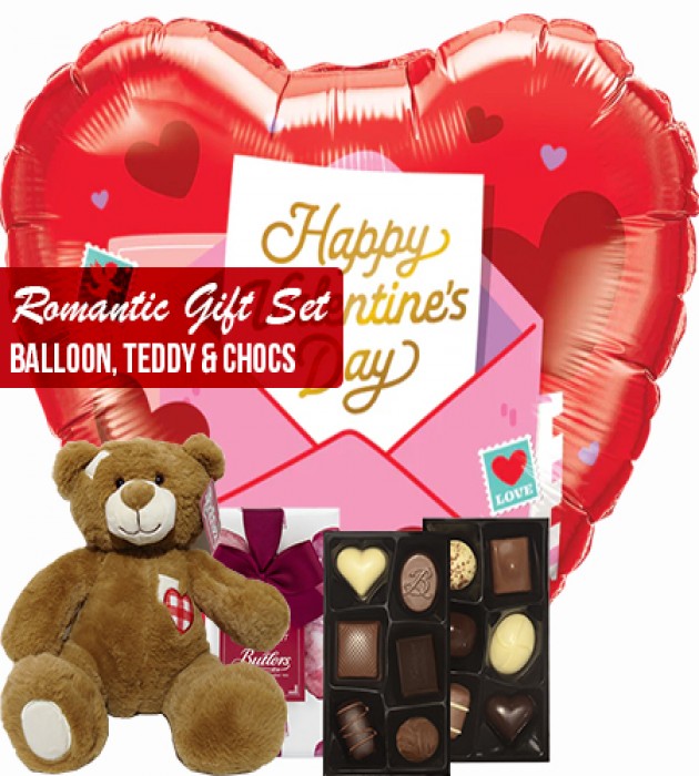Romantic gift set big heart balloons teddy and chocs