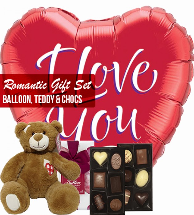 Romantic gift set red heart balloons teddy and chocs