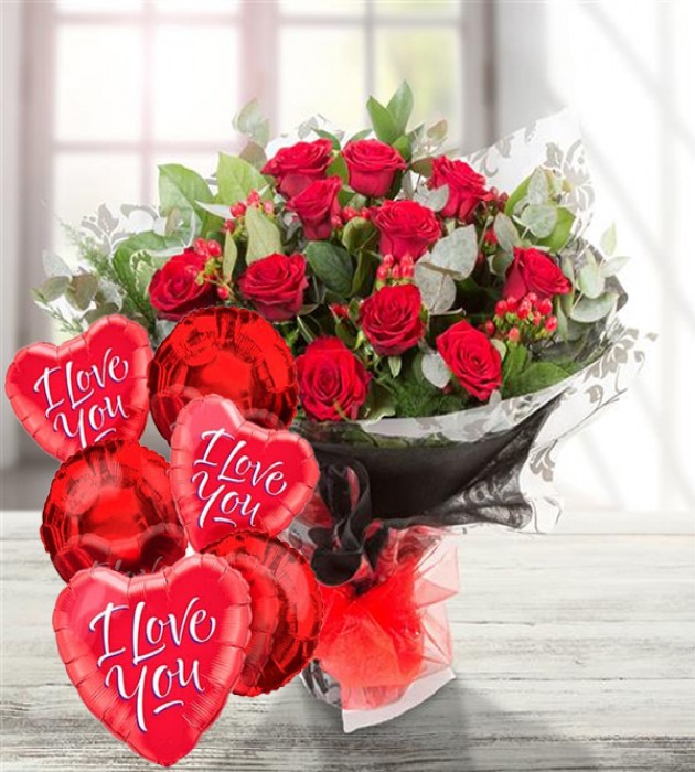 Dozen Roses & 5 Balloons 