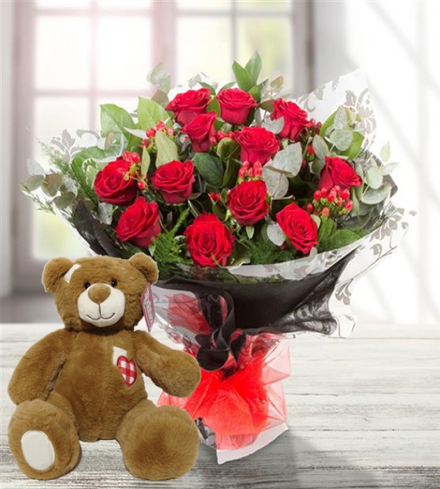 Dozen Red Roses & Teddy