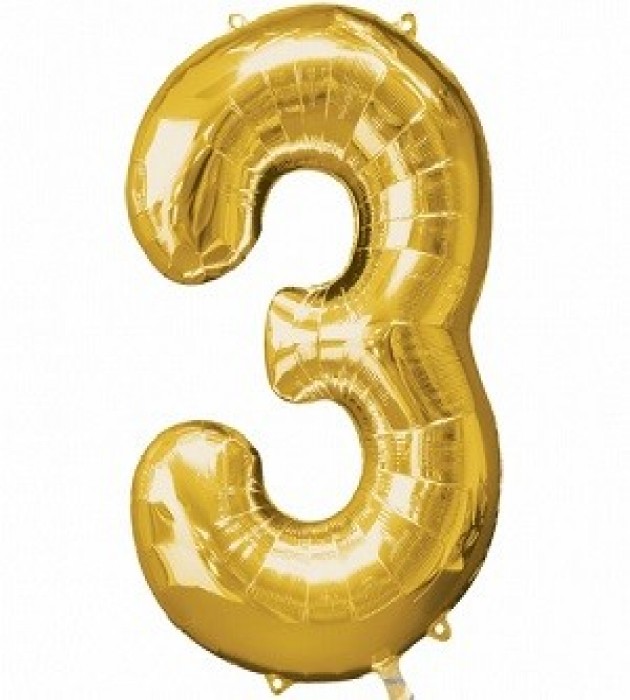 Number 3 Gold Large Shape Balloon