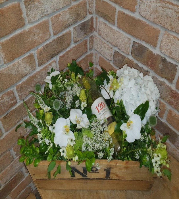 White Flower Crate With Wine