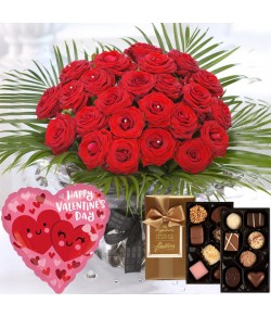 24 Luxury Red Roses & Chocs & Balloon  
