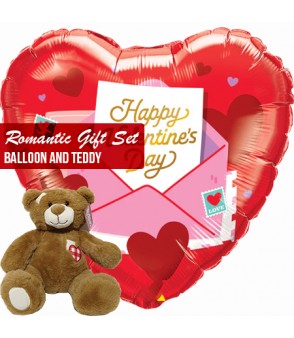 Romantic gift set red heart balloon and teddy