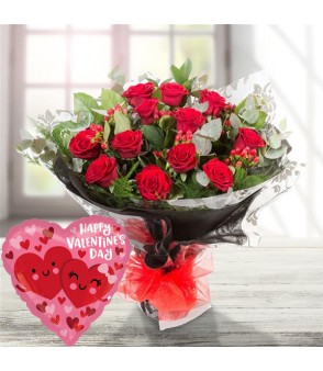 12 Red Roses & Valentines Balloon