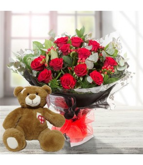 Dozen Red Roses & Teddy